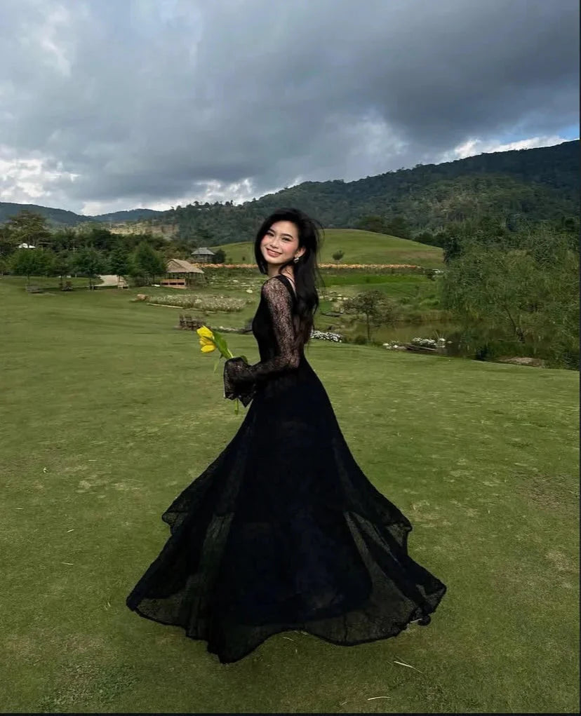 Black Lace Sexy A Line Long Sleeve Evening Dress Prom Dress Formal Gown Secondary image