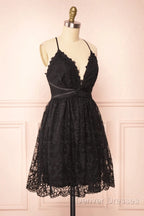Black Lace Straps A-Line Short Party Dress Lace Homecoming Dress