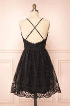 Black Lace Straps A-Line Short Party Dress Lace Homecoming Dress