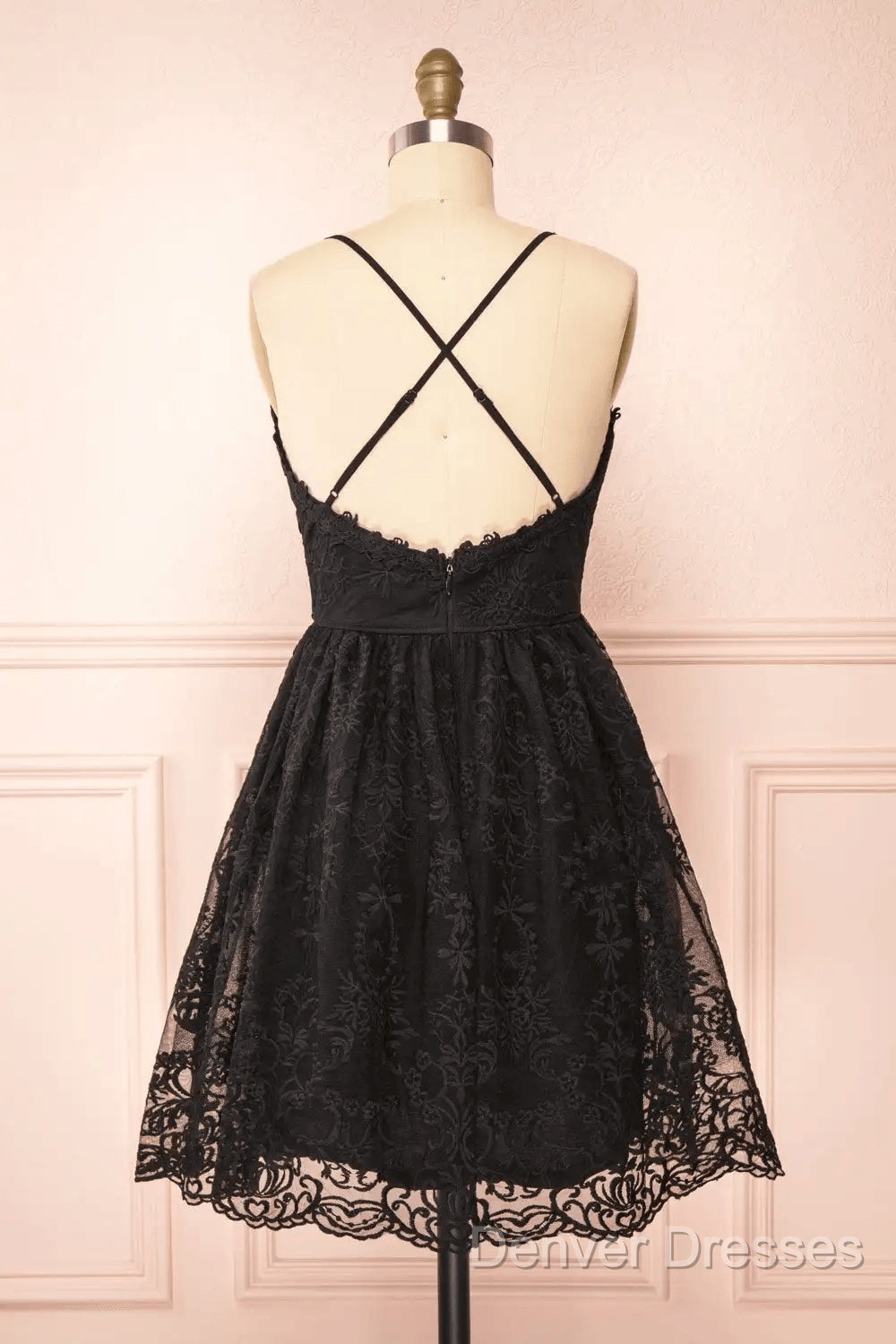 Black Lace Straps A-Line Short Party Dress Lace Homecoming Dress