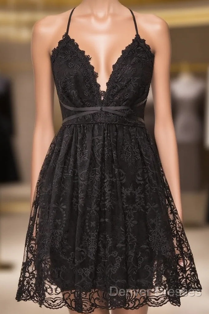 Black Lace Straps A-Line Short Party Dress Lace Homecoming Dress Main image