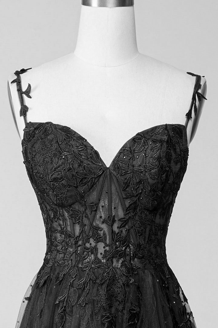 Black Lace Straps Beaded A-Line Prom Dress Party Dress, Black Floor Length Formal Dress Secondary image