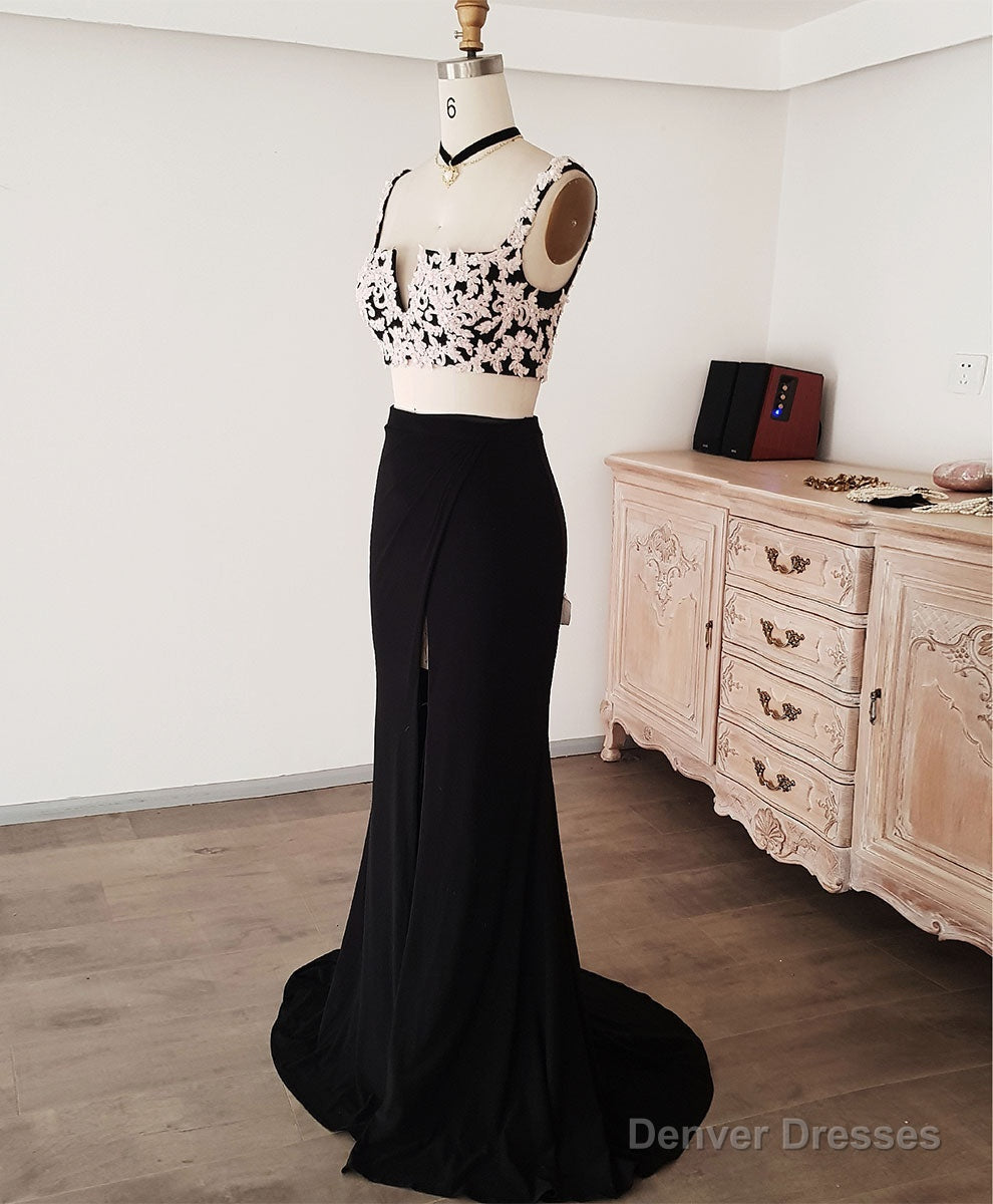 Black Lace Two Pieces Long Prom Dress, Black Evening Dress with Lace Beading Main image