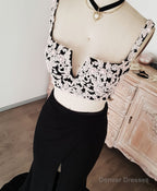 Black Lace Two Pieces Long Prom Dress, Black Evening Dress with Lace Beading