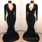 Black Lace V-Neck Prom Party Gowns| Mermaid Long-Sleeve Evening Gowns