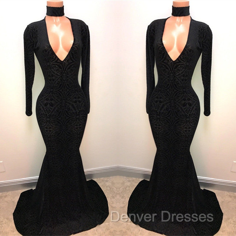 Black Lace V-Neck Prom Party Gowns| Mermaid Long-Sleeve Evening Gowns
