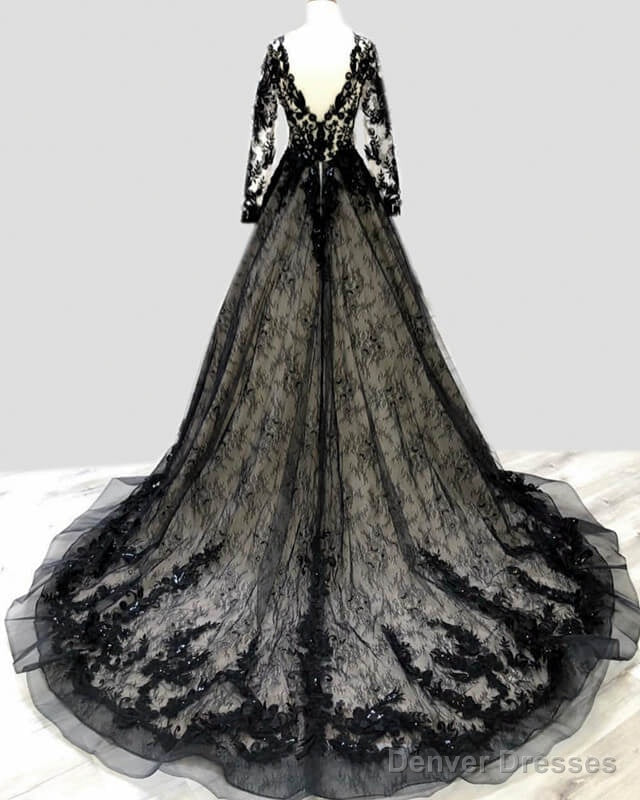 Black Lace V Neck Wedding Dress Long Sleeve Secondary image
