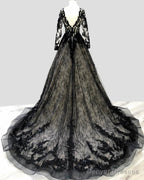Black Lace V Neck Wedding Dress Long Sleeve
