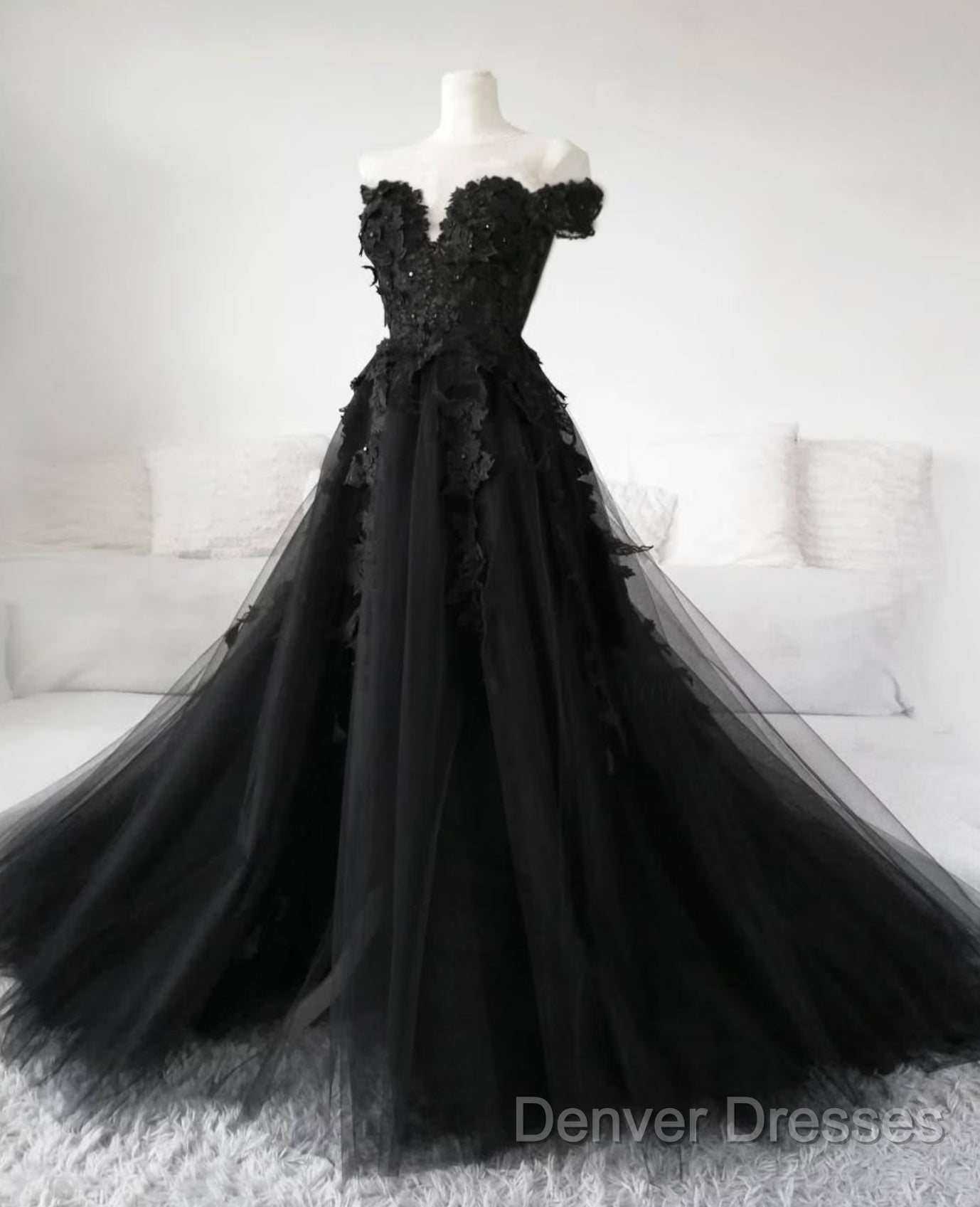 Black Lace Wedding Dress Off The Shoulder Pearls Tulle Formal Prom Dress Secondary image