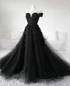 Black Lace Wedding Dress Off The Shoulder Pearls Tulle Formal Prom Dress