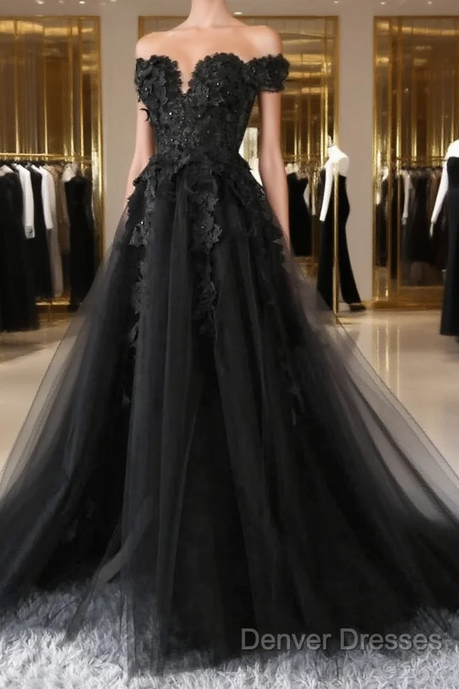 Black Lace Wedding Dress Off The Shoulder Pearls Tulle Formal Prom Dress Main image