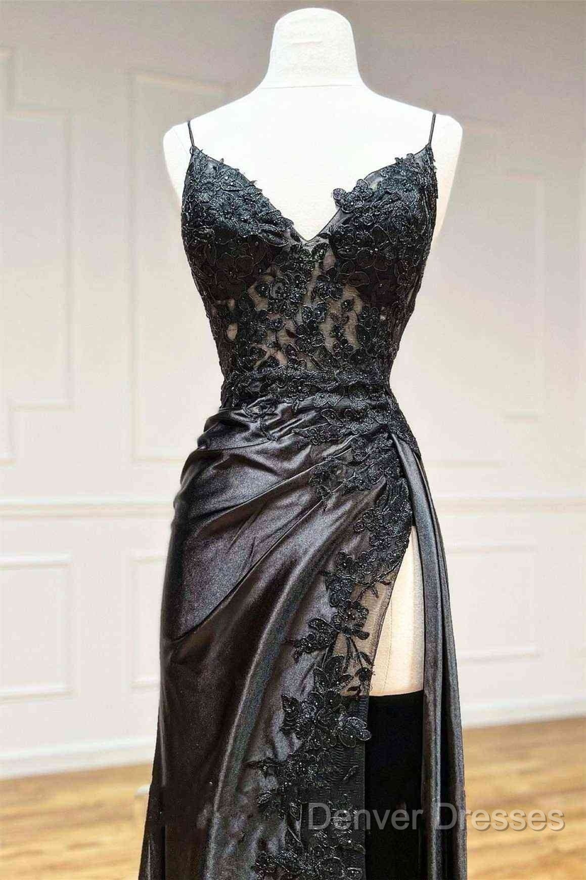 Black Long Appliques Prom Dress With Spaghetti Straps