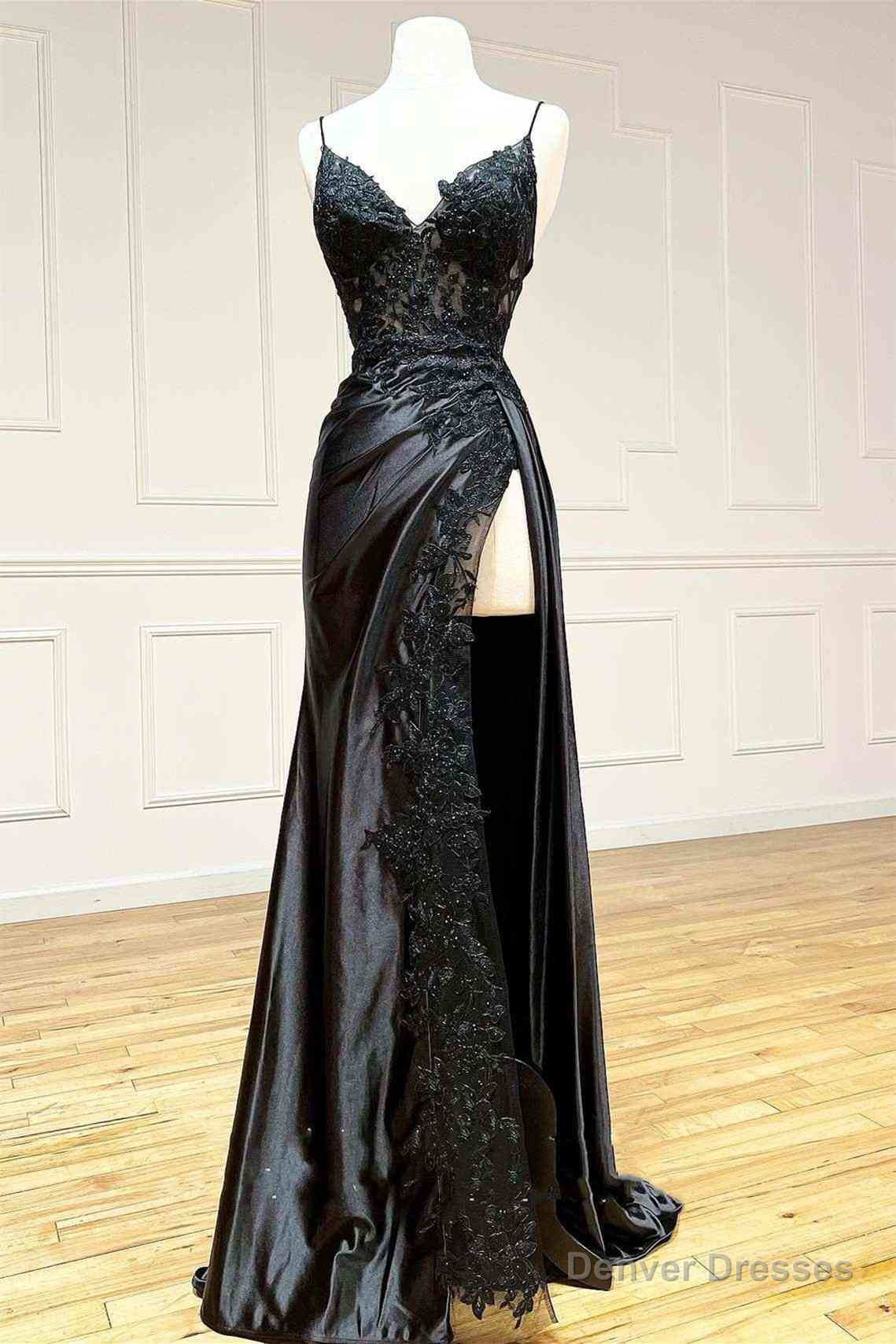 Black Long Appliques Prom Dress with Spaghetti Straps,Vintage Formal Dresses Main image