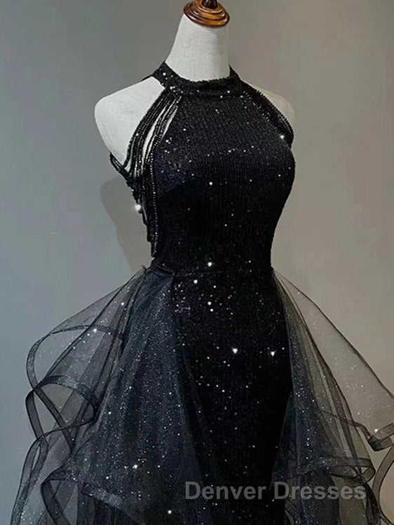 Black Long Mermaid Halter Sequined Tulle Formal Prom Dress Secondary image