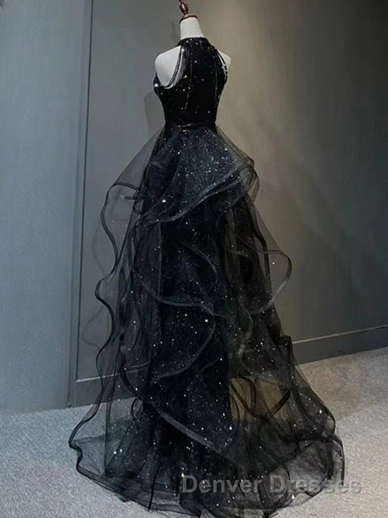 Black Long Mermaid Halter Sequined Tulle Formal Prom Dress