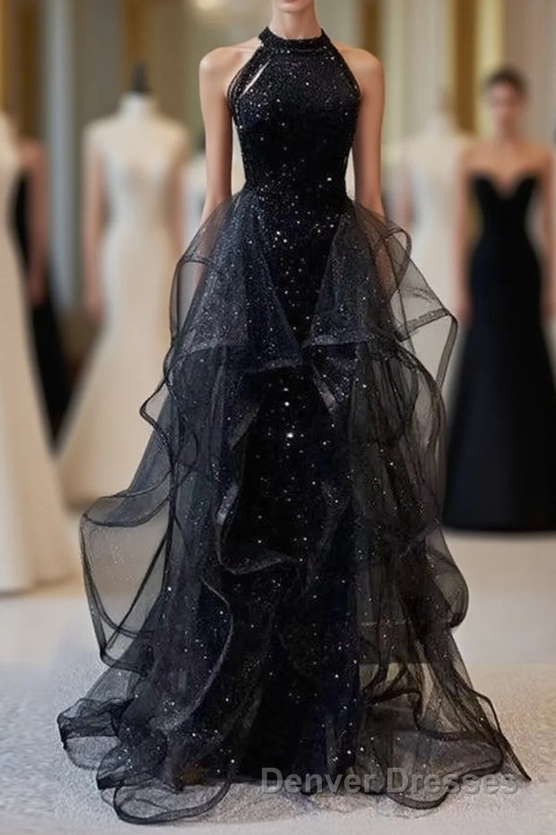 Black Long Mermaid Halter Sequined Tulle Formal Prom Dress Main image