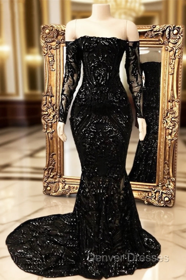 Black Long Mermaid Off the shoulder Prom Dress with Sleeves