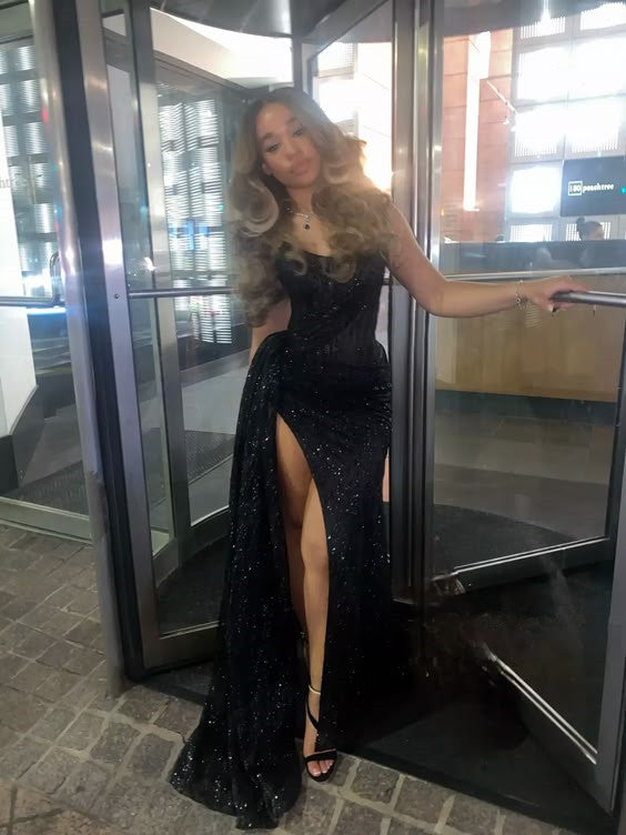 Black Long Prom Dress With Slit ,Strapless Evening Dress Secondary image
