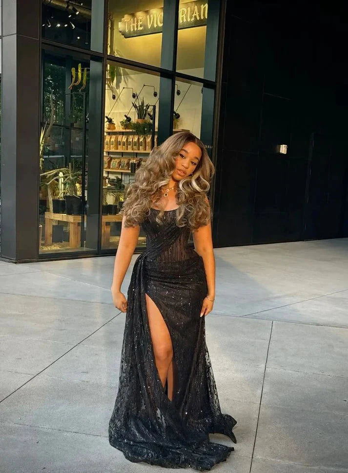 Black Long Prom Dress With Slit ,Strapless Evening Dress