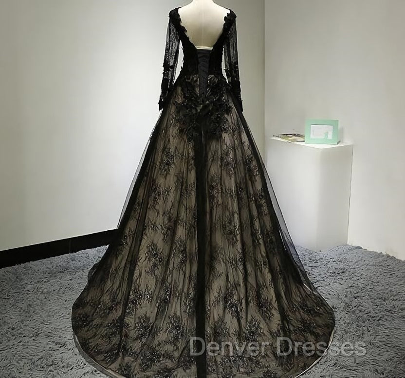 Black Long Sleeves Lace Prom Dress, Black Evening Gown Secondary image
