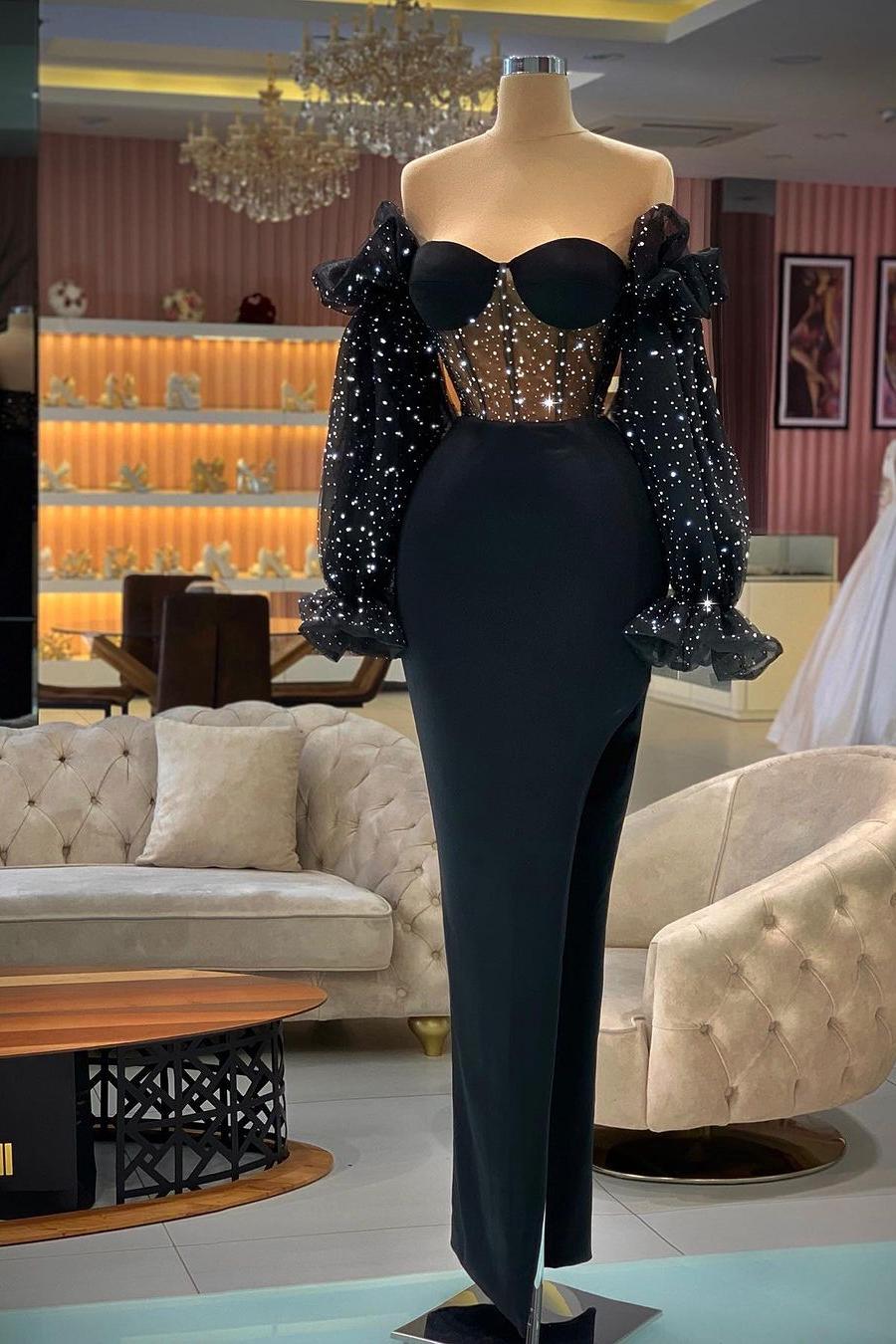 Black Long Sleeves Prom Dress Sheath Sweetheart With Beads Secondary image
