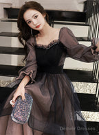 Black Long Sleeves Tulle Sweetheart Party Dress, A-Line Black Evening Dress Prom Dress