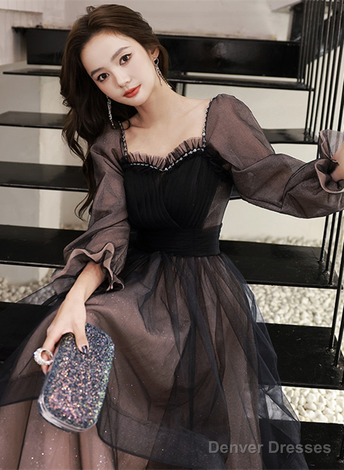 Black Long Sleeves Tulle Sweetheart Party Dress, A-Line Black Evening Dress Prom Dress
