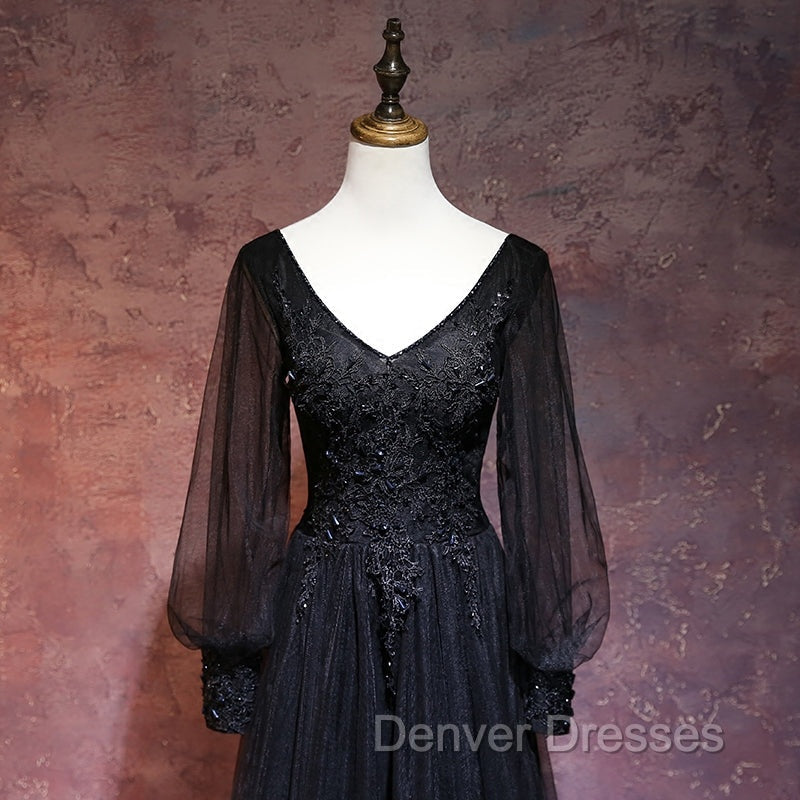 Black Long Sleeves V-neckline Evening Dress, Black Prom Dress
