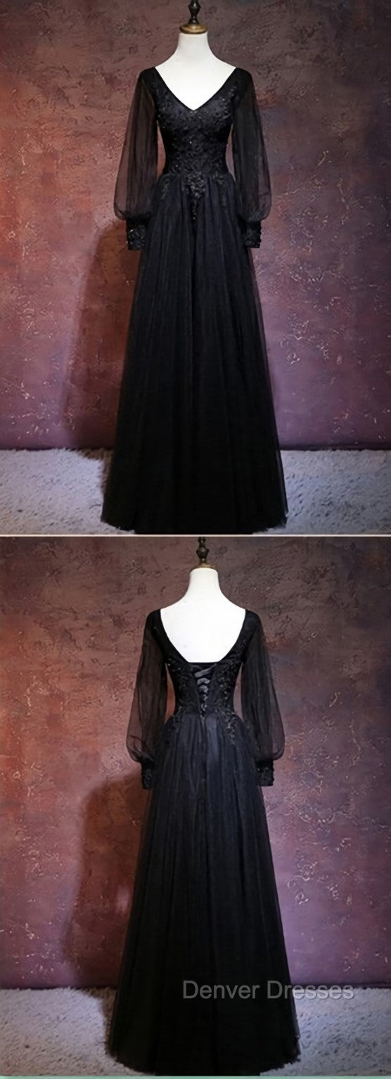 Black Long Sleeves V-neckline Evening Dress, Black Prom Dress Secondary image