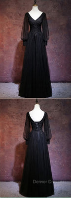 Black Long Sleeves V-neckline Evening Dress, Black Prom Dress