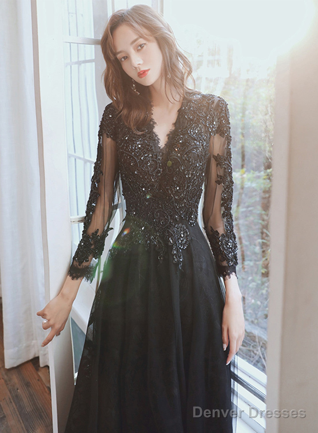 Black Long Sleeves V-Neckline Tulle With Lace Party Dress, Black Evening Party Dress Secondary image
