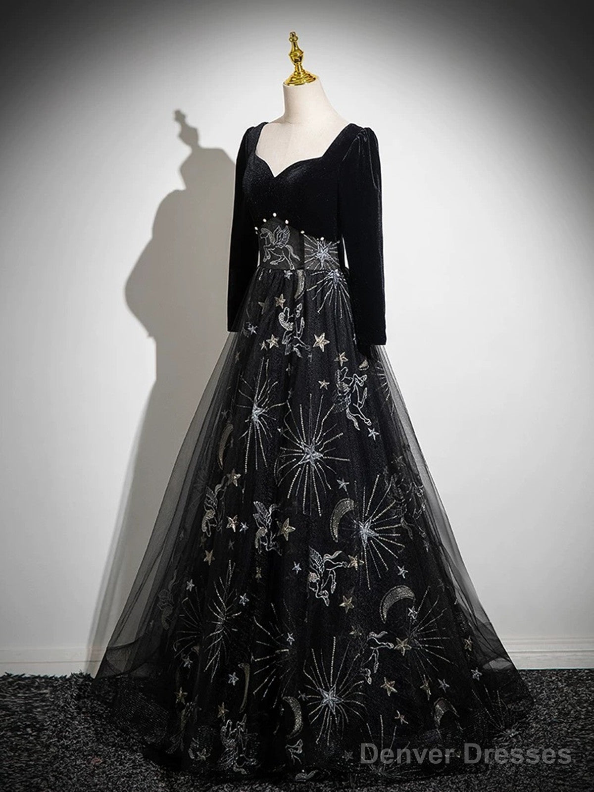 Black Long Sleeves Velet And Tulle Party Dress, Black Sweetheart Prom Dress