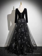 Black Long Sleeves Velet And Tulle Party Dress, Black Sweetheart Prom Dress
