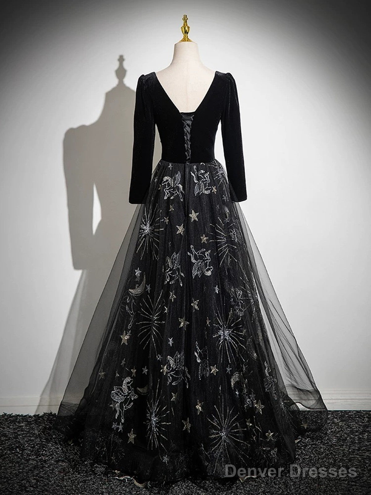 Black Long Sleeves Velet And Tulle Party Dress, Black Sweetheart Prom Dress