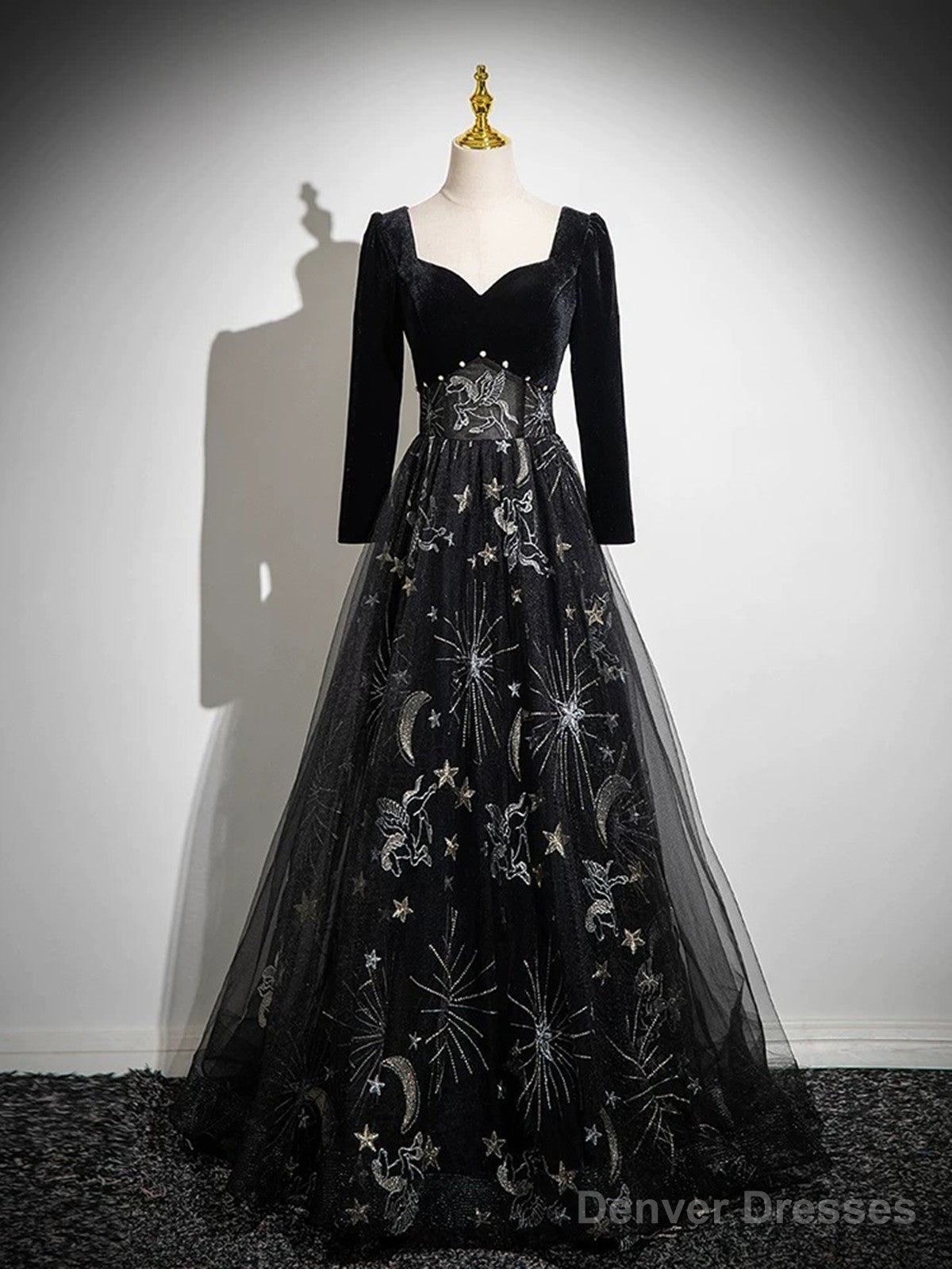 Black Long Sleeves Velet And Tulle Party Dress, Black Sweetheart Prom Dress Main image