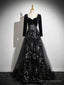 Black Long Sleeves Velet And Tulle Party Dress, Black Sweetheart Prom Dress