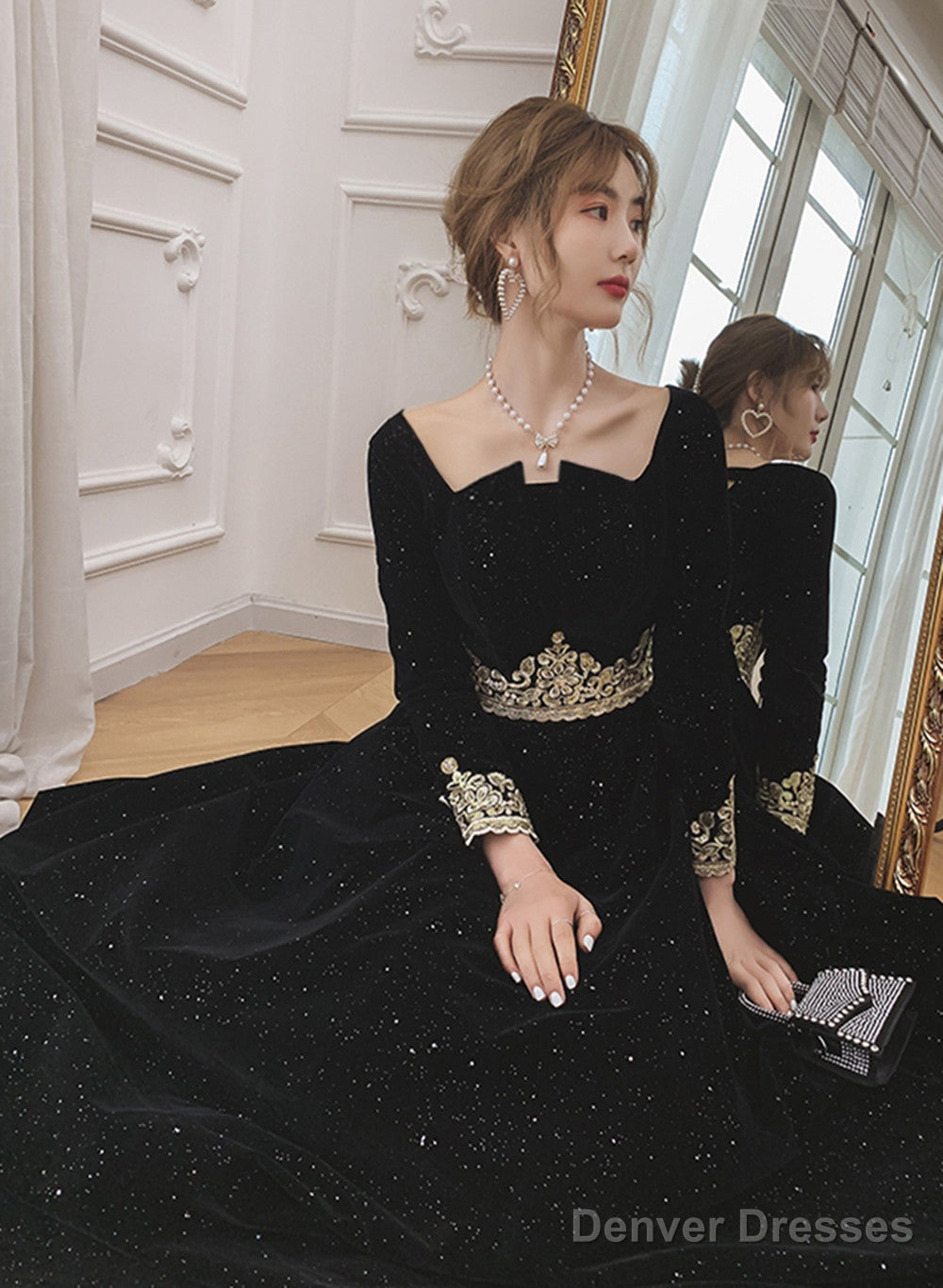 Black Long Sleeves Velvet A-Line Formal Dress, Black Floor Length Party Dress Main image