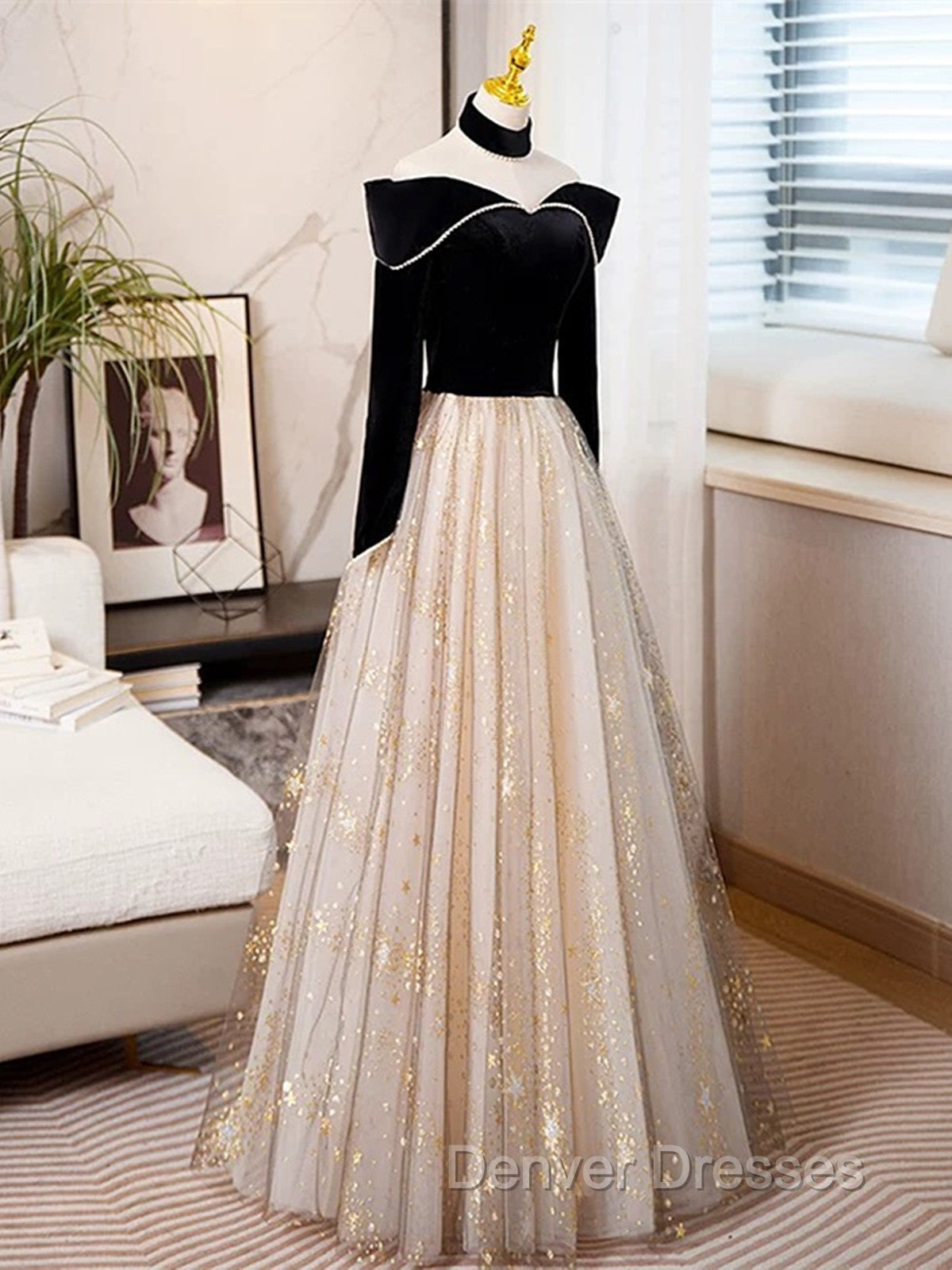 Black Long Sleeves Velvet ane Tulle Long Party Derss, Black Off Shoulder Prom Dress Secondary image