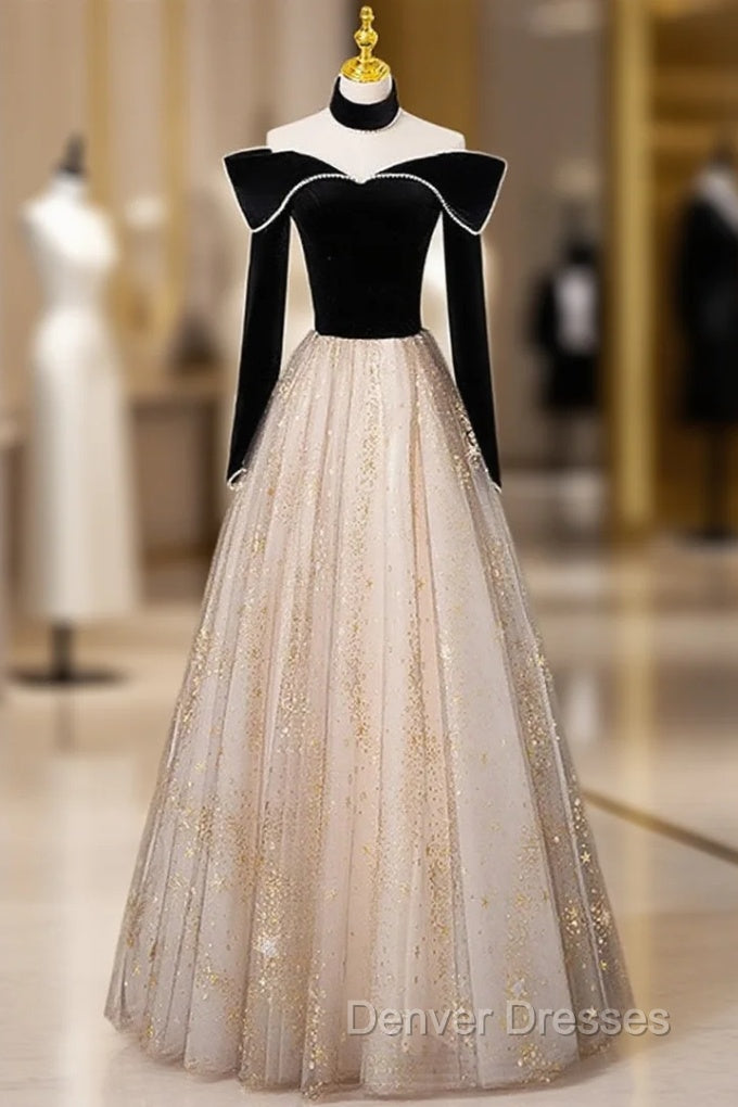 Black Long Sleeves Velvet ane Tulle Long Party Derss, Black Off Shoulder Prom Dress Main image