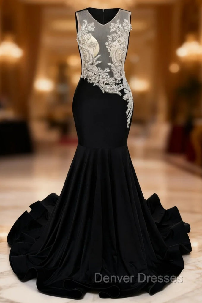 Black Mermaid Appliques Beading Prom Dress