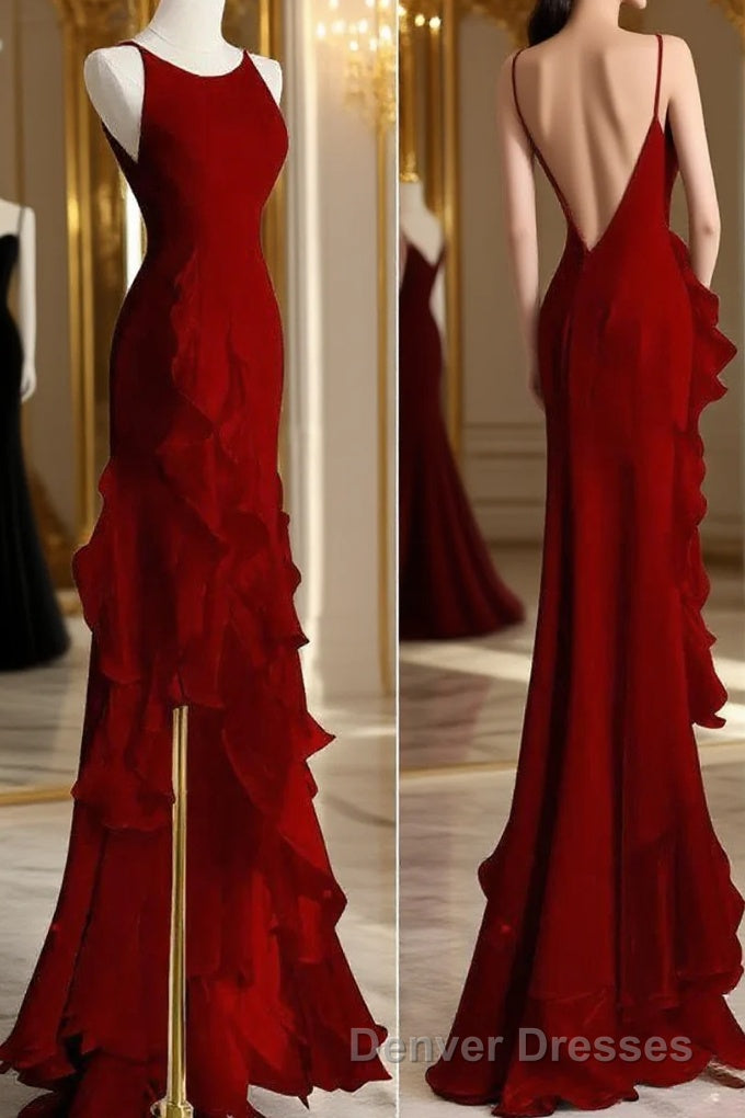 Black Mermaid Beach Wedding Dress With Ruffles, Spaghetti Straps Backless Prom Gown Main image