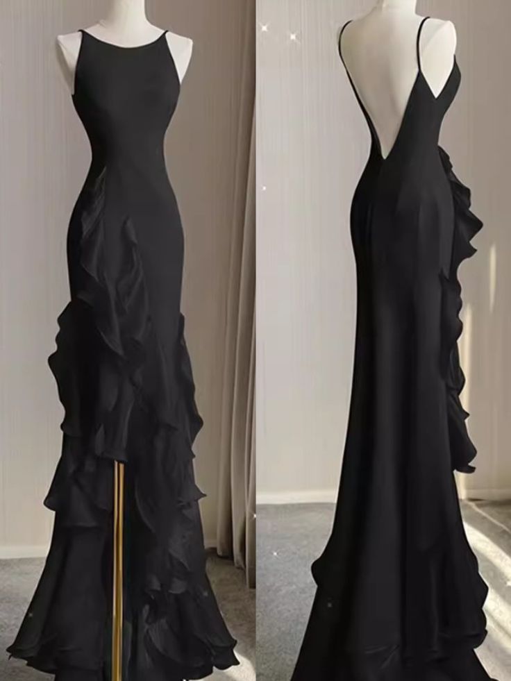 Black Mermaid Beach Wedding Dress With Ruffles, Spaghetti Straps Backless Prom Gown Main image