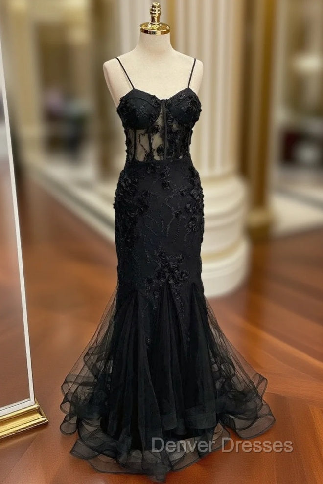 Black Mermaid Lace Long Prom Dress, Black Lace Evening Dress Main image