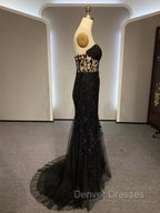 Black Mermaid Lace Prom Dress, Black Mermaid Lace Formal Evening Dress