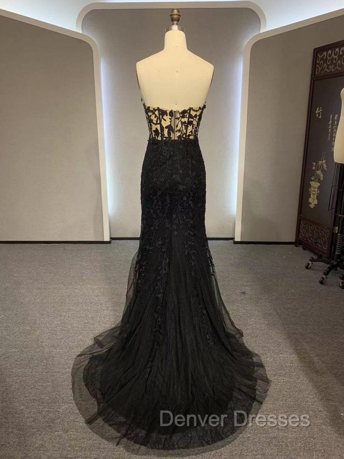 Black Mermaid Lace Prom Dress, Black Mermaid Lace Formal Evening Dress
