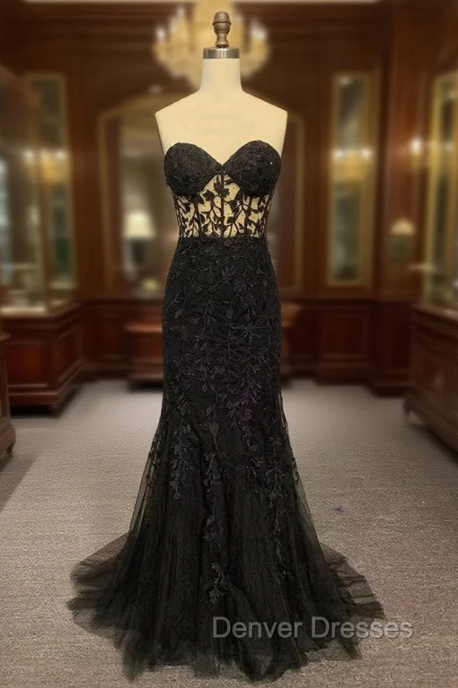 Black Mermaid Lace Prom Dress, Black Mermaid Lace Formal Evening Dress