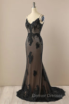 Black Mermaid Lace Straps Evening Dress Party Dress, Black Long Prom Dress