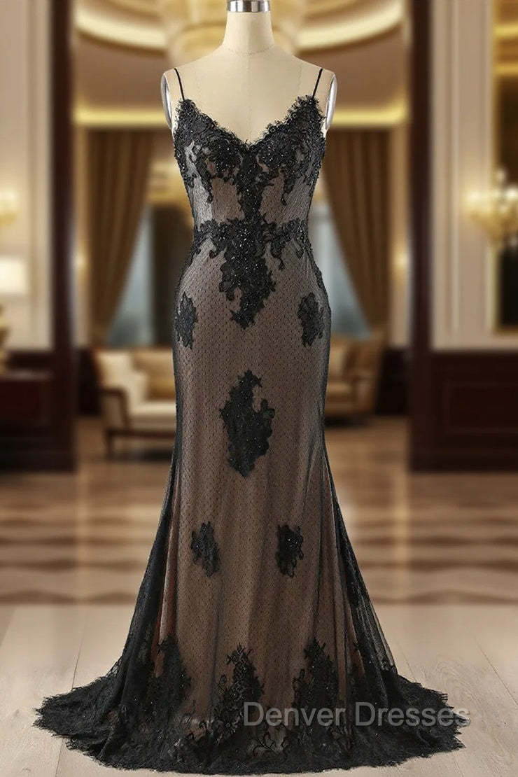 Black Mermaid Lace Straps Evening Dress Party Dress, Black Long Prom Dress Main image