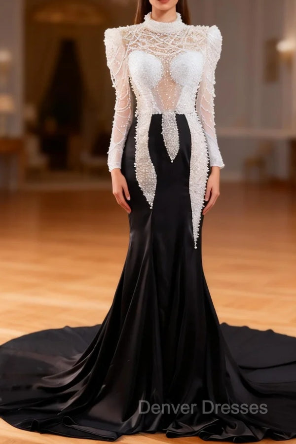 Black Mermaid Long Sleeve Pearls Prom Dress Main image