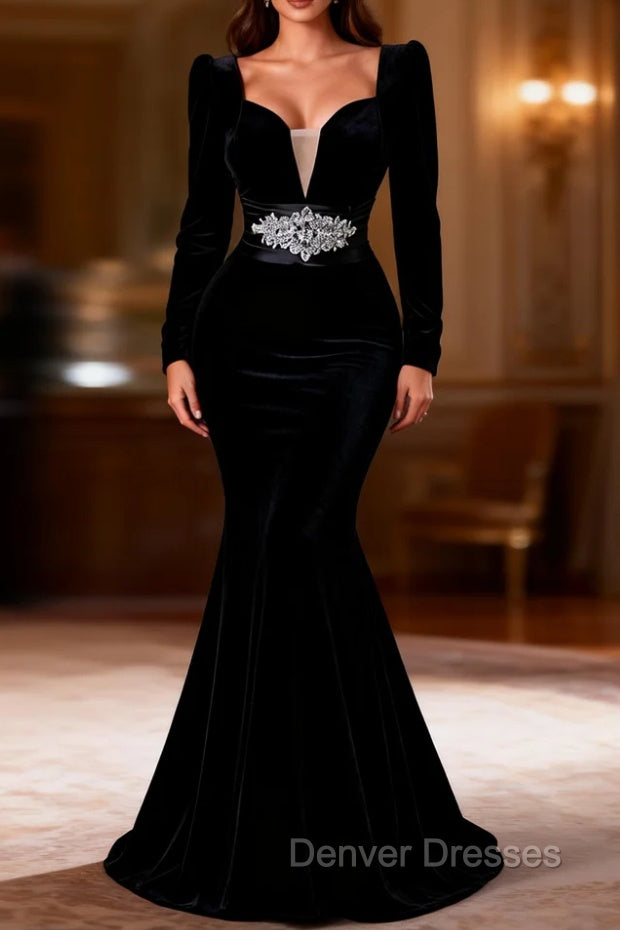 Black Mermaid Long Sleeve Velvet Prom Dress Main image